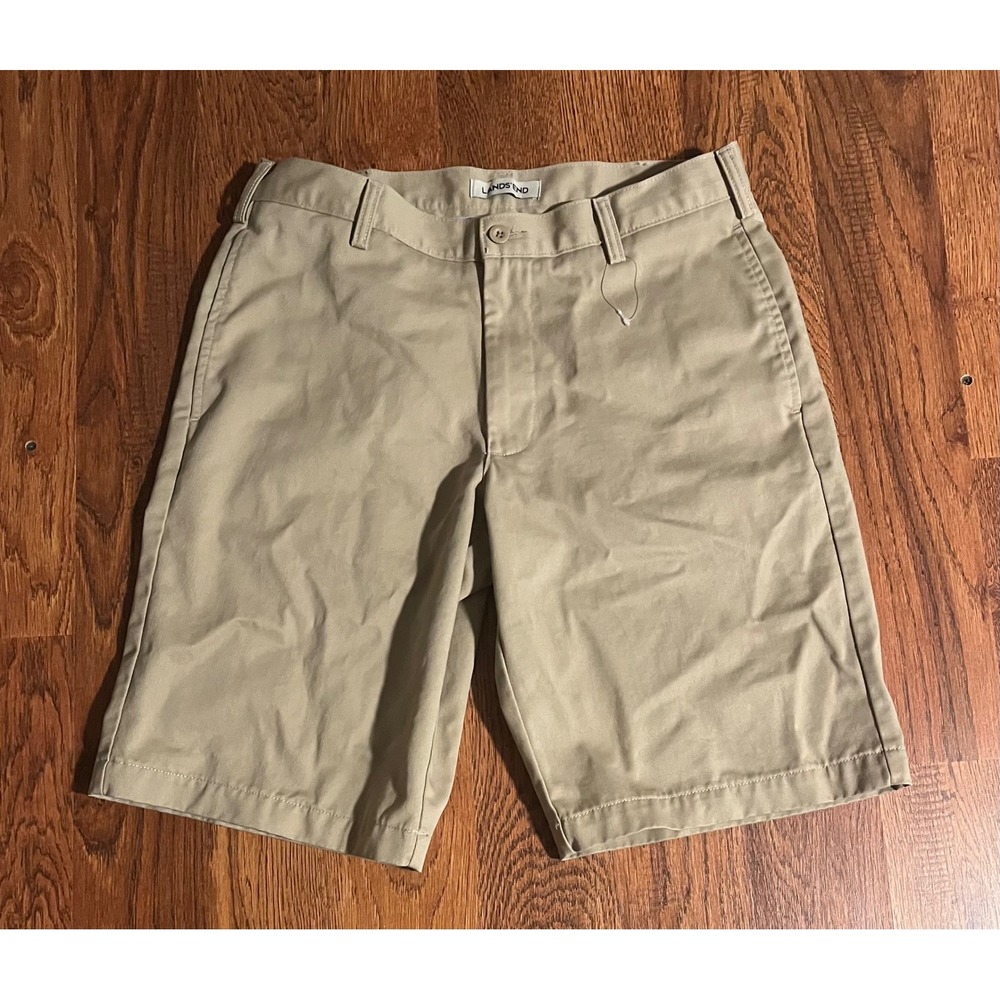 Lands' End Mens Chino Shorts Khaki Tan Flat Front Casual Size 31